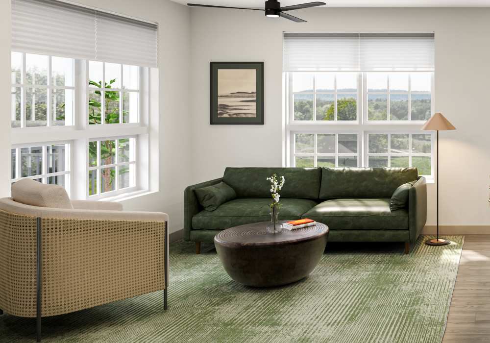 Stylish living room with neutral color palette at Oldham & Worth in Raleigh, North Carolina
