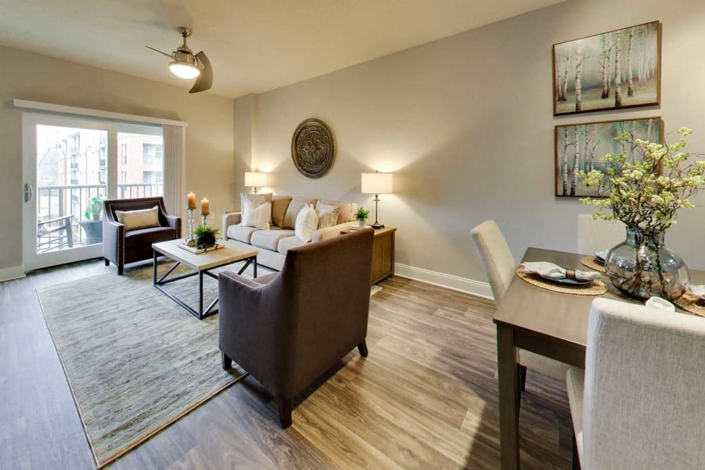 Spacious model living room and dining area at SouthPark Morrison in Charlotte, North Carolina