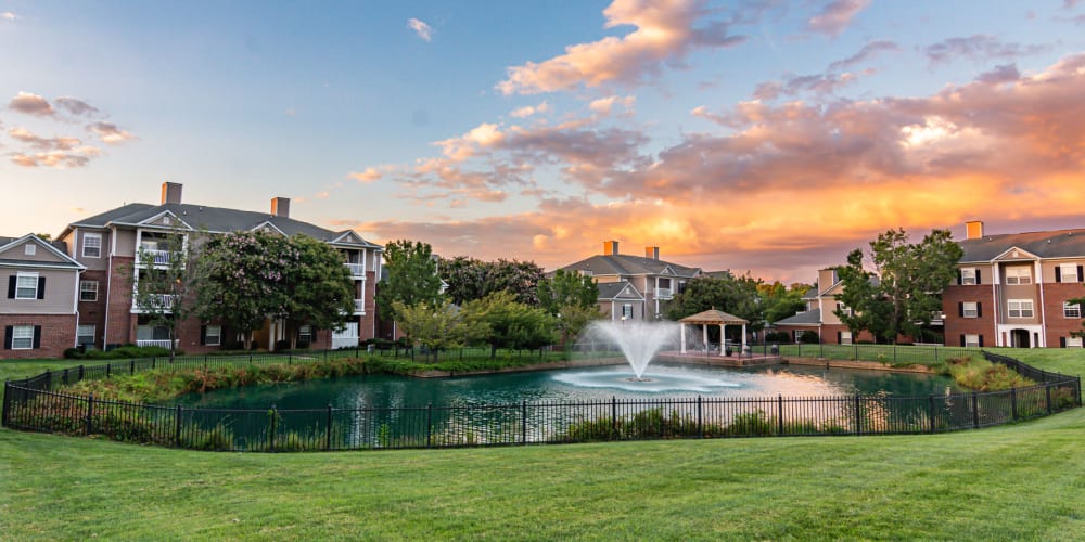 Fountain surrounded by grass at The Belvedere in North Chesterfield, Virginia