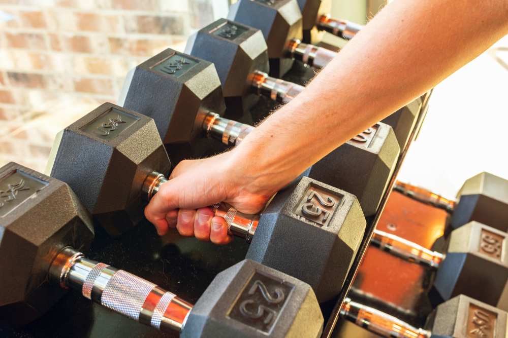 Weights in a fitness center at The Waters at Promenade in Marrero, Louisiana