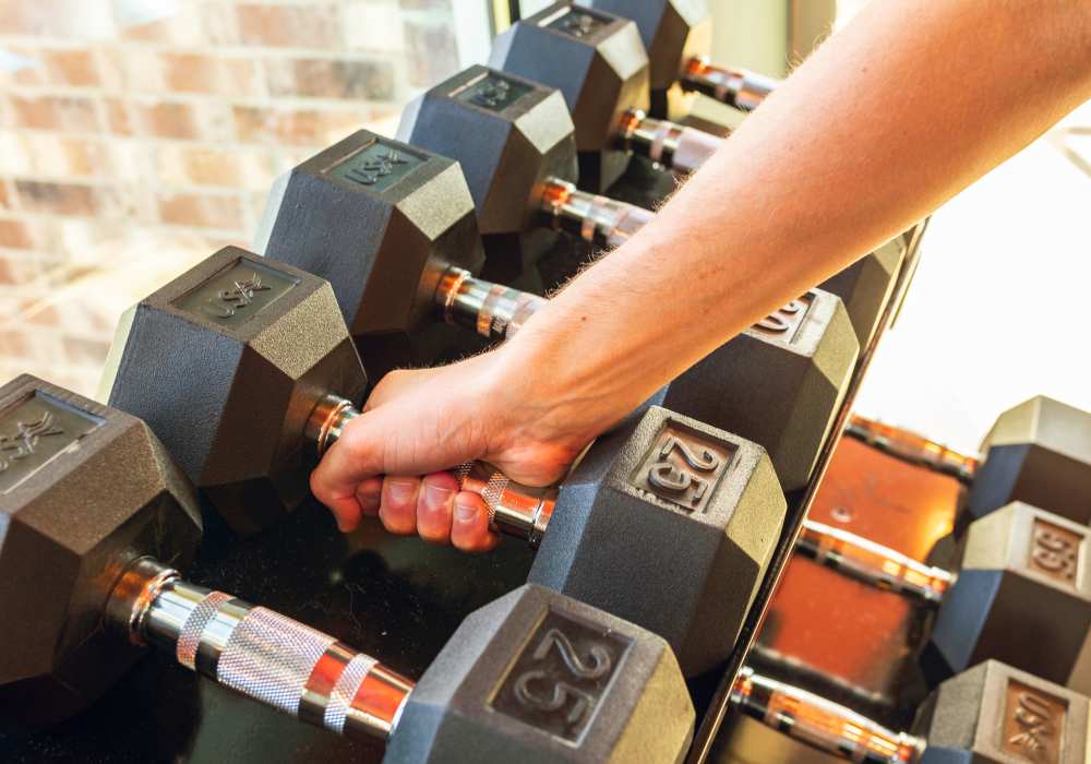Weights in a fitness center at The Waters at Promenade in Marrero, Louisiana