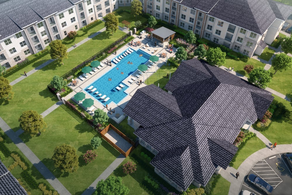 Aerial view of the sparkling swimming pool at The Waters at Millerville in Baton Rouge, Louisiana