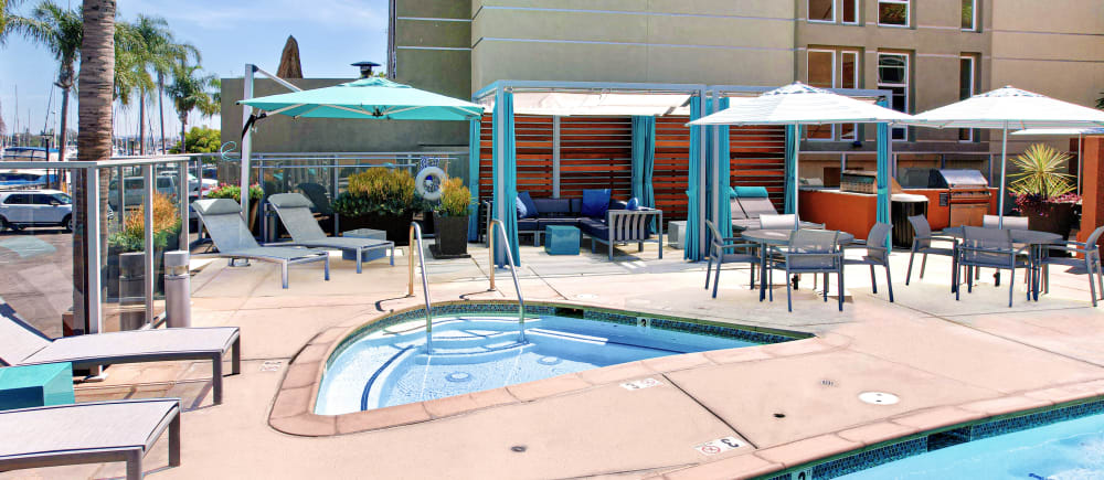 Hot Tub and Poolside Cabanas at Harborside Marina Bay Apartments in Marina del Rey, California