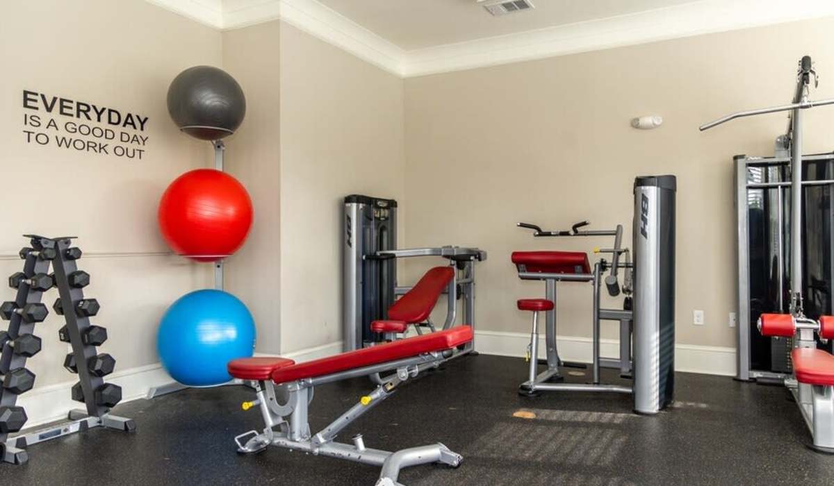 Fitness center with strength-training equipment at  Palisades of Lincolnton in Lincolnton, North Carolina
