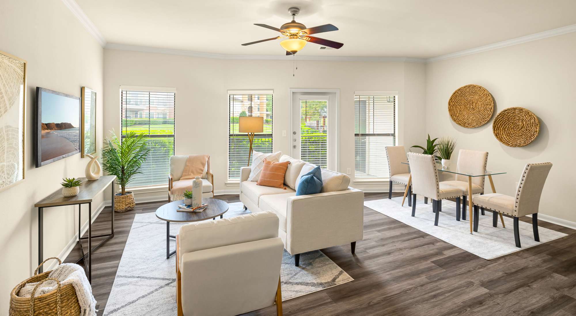 Living room with windows at Onion Creek