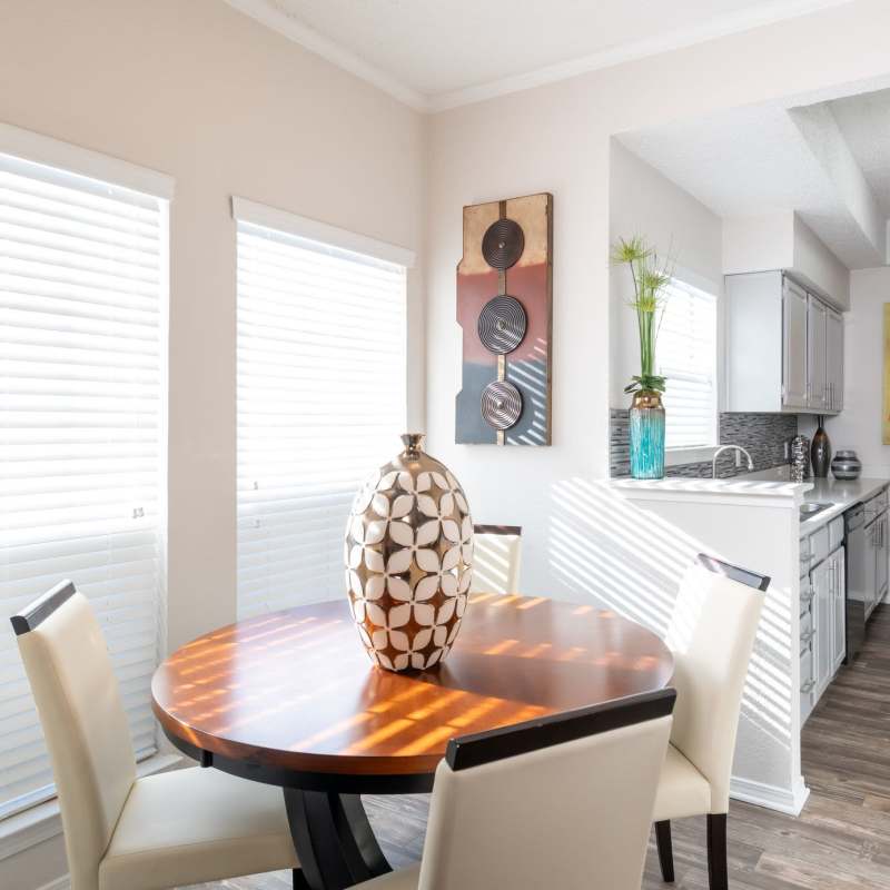 Apartment kitchen beside the dining space of model apartment at Copper Chase in Arlington, Texas