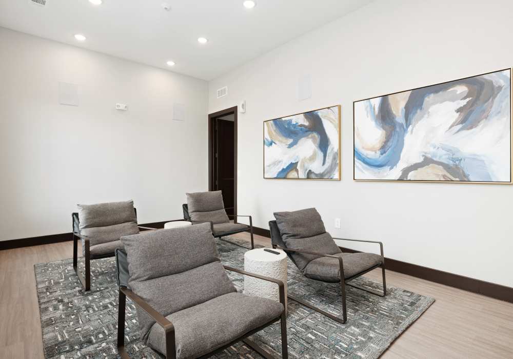 Lounge area with modern seating at Balcones Trails in Kyle, Texas