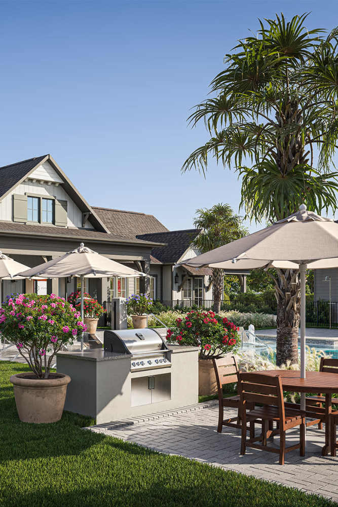 Outdoor grilling with friends, vibrant atmosphere and delicious barbecue at Pomona Apartments in Ocala, Florida