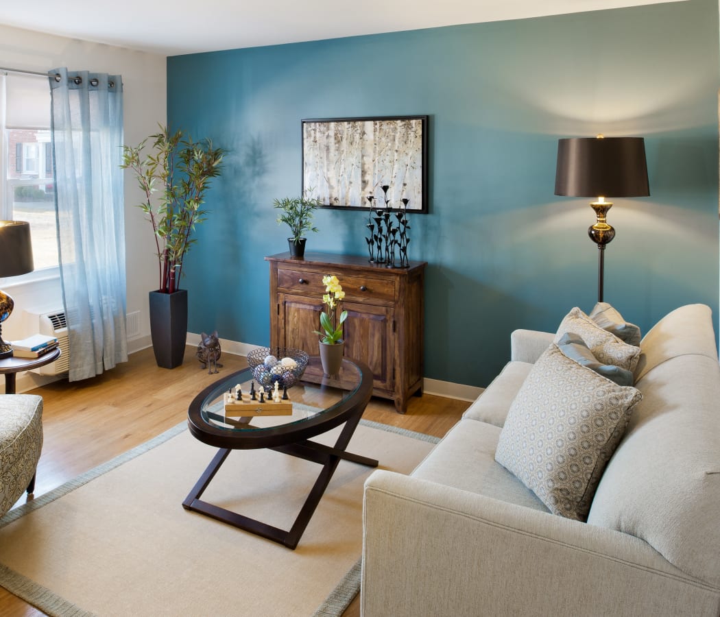 Model living room at The Fairways in Worcester, Massachusetts