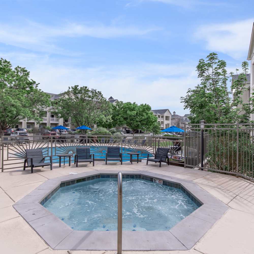 Private backyard pool surrounded by greenery at One Belmar Place in Lakewood, Colorado
