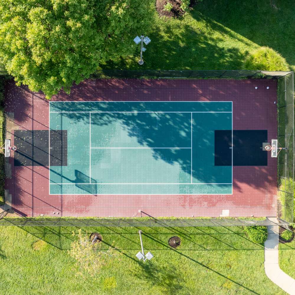 Drone shot of basketball court at Prairie Point Luxury Apartments in O'Fallon. MO