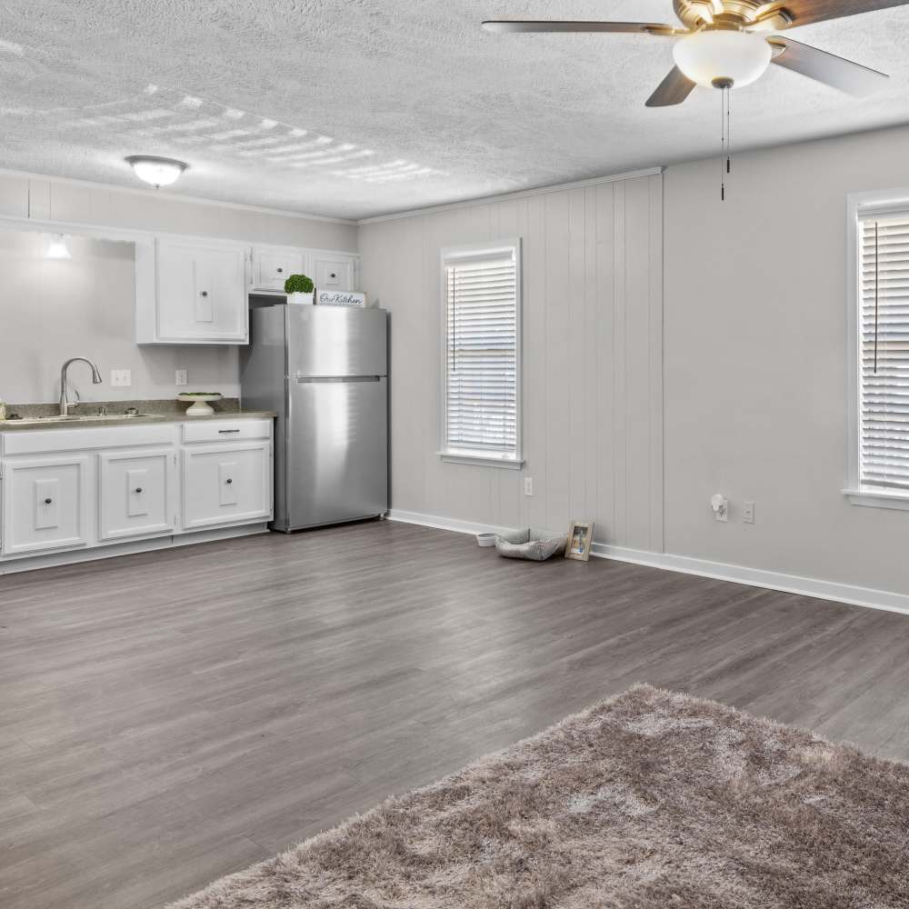 Charming modern kitchen and bright living space at Pecan Ridge in Vicksburg, Mississippi.
