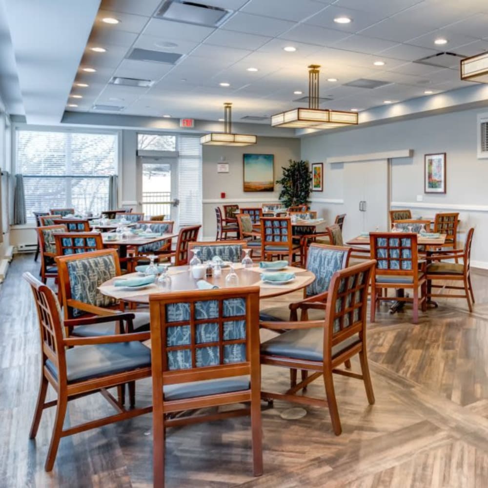 Evening view of dining room at Anthology of Wheaton in Wheaton, Illinois