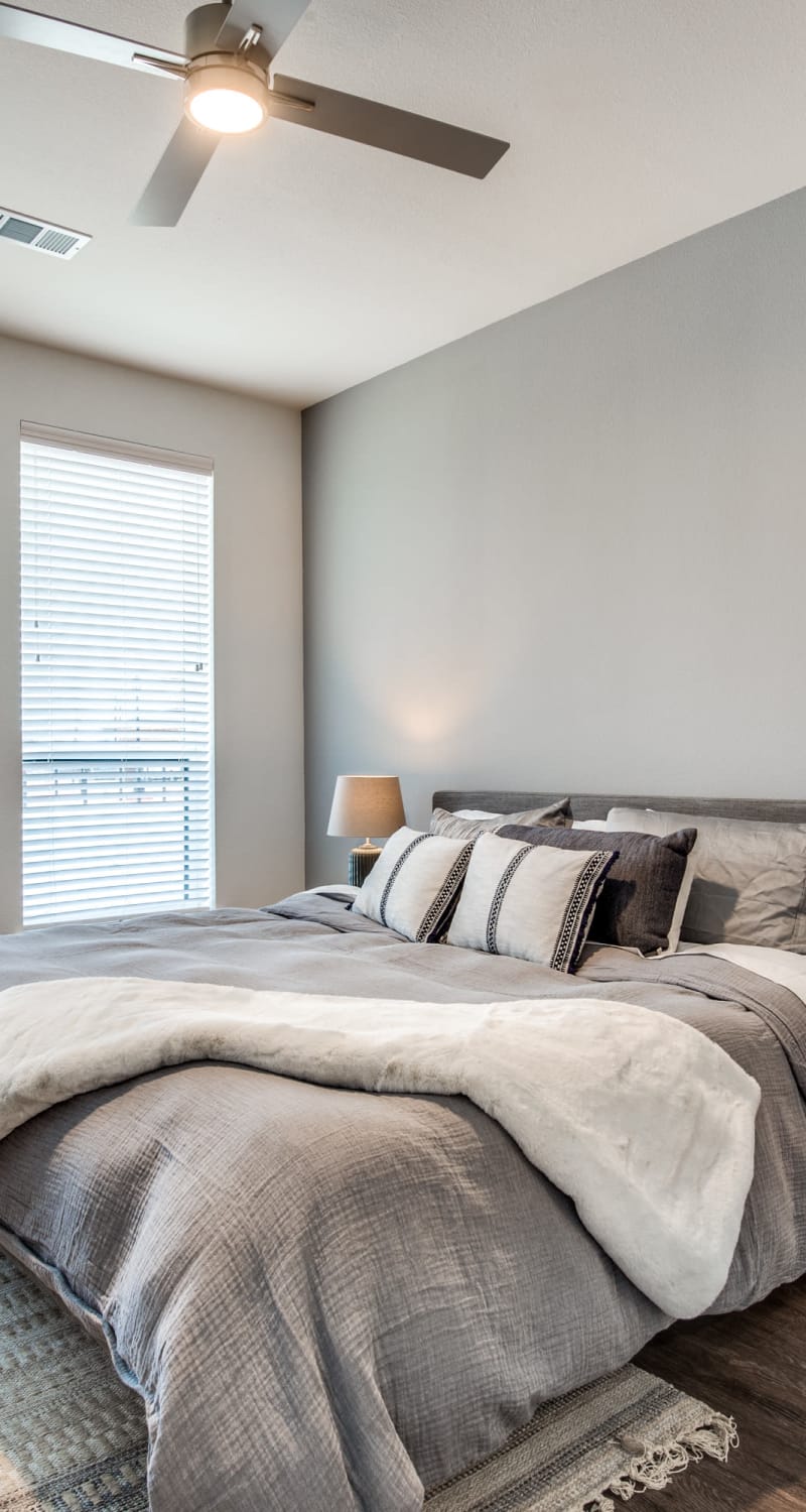 Modern bedroom with gray accents and ceiling fan at Mezzo Apartments in Aubrey, Texas