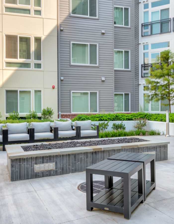 Outdoor seating area at Crossings at Olde Towne in Gaithersburg, Maryland