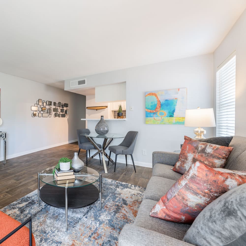 Resident example living room of a new apartment at The Gates in Houston, Texas