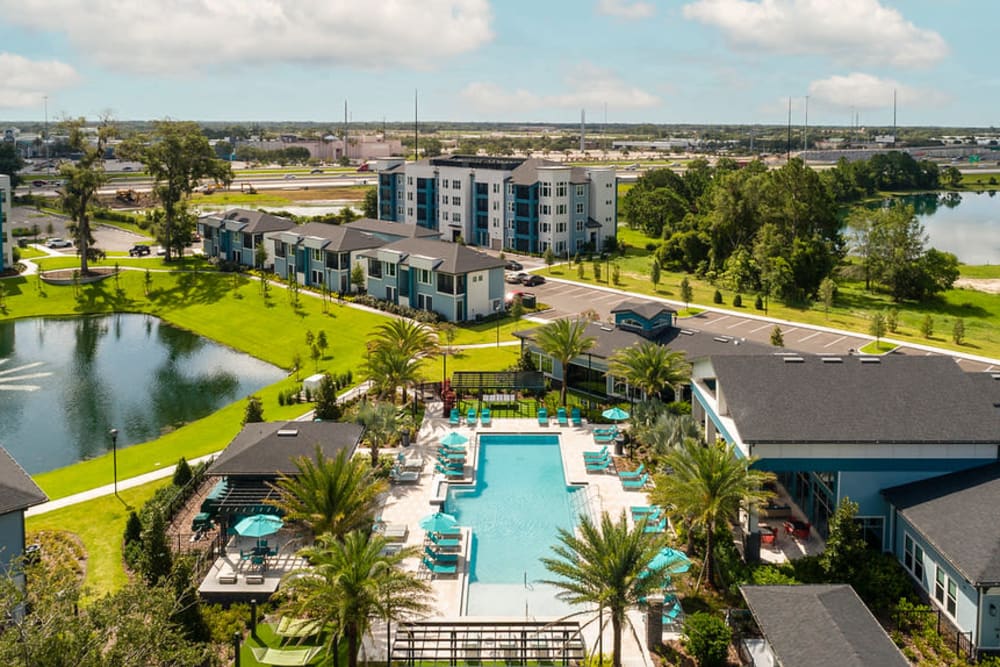 Amazing pool view from a drone shot at Integra Crossings in Sanford, Florida