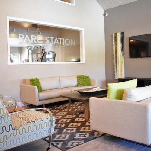 Sitting area in the resident clubhouse at Parc Station in Santa Rosa, California