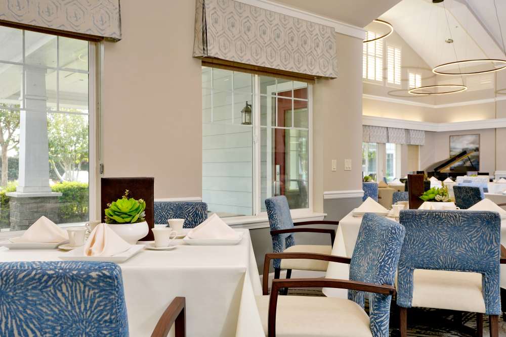 Chairs and blue tables at The Commons at Union Ranch in Manteca, California