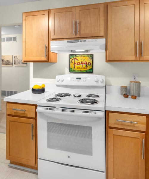 Apartment kitchen with updated cabinetry at Fairmont Park Apartments in Farmington Hills, Michigan