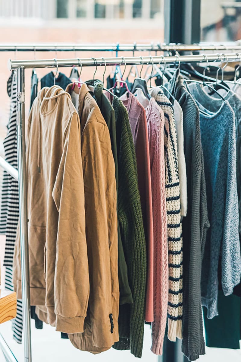 A clothing rack of colorful jackets in a unknown store in West Hartford Collection in West Hartford, Connecticut