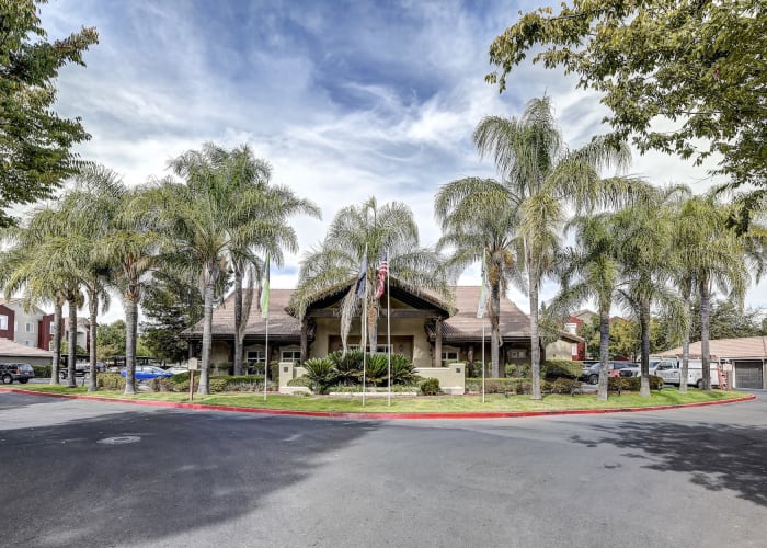 View of the entrance to our community at Eaglewood Apartments in Woodland, California