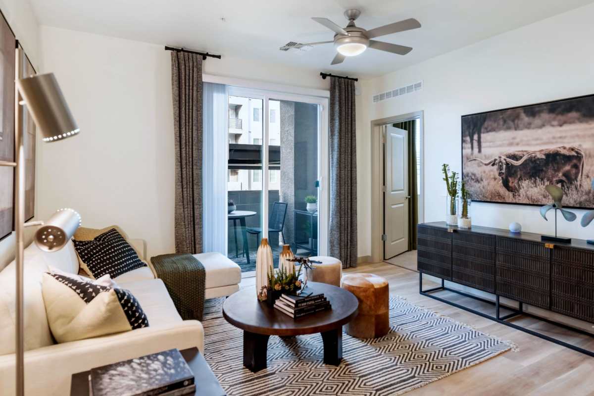 Model living room at Hangar at Thunderbird, Glendale, Arizona