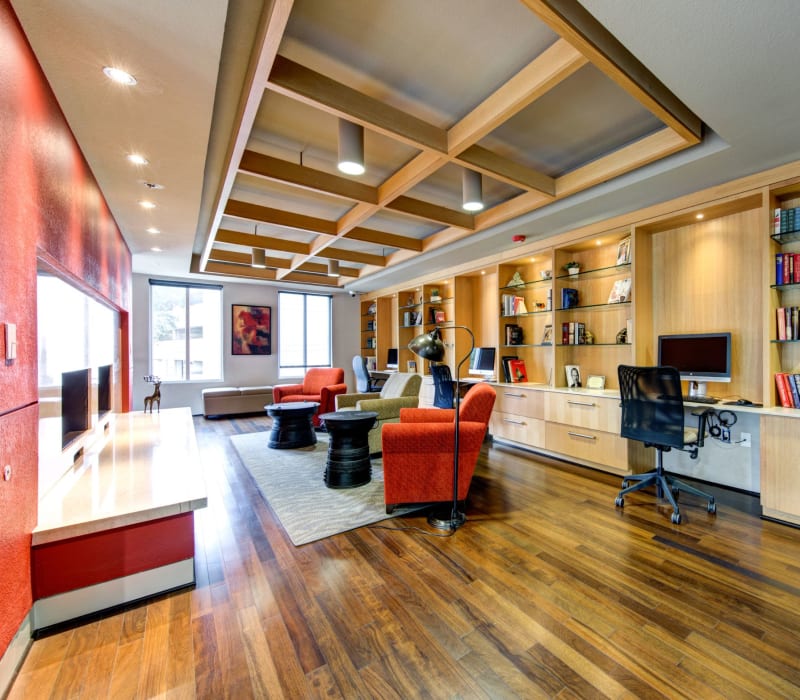Community clubhouse with wood floors at The Marq on West 7th in Fort Worth, Texas