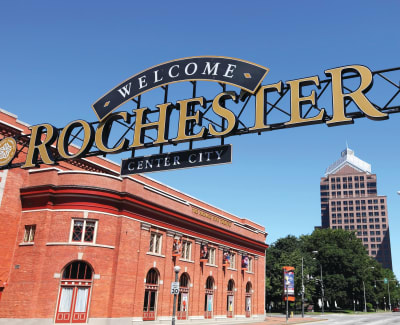 Welcome sign of Rochester, New York near The Nathaniel