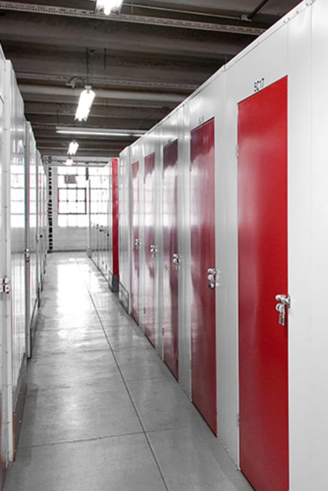 Interior of units with red doors at CitiWide Self Storage in Long Island City, New York