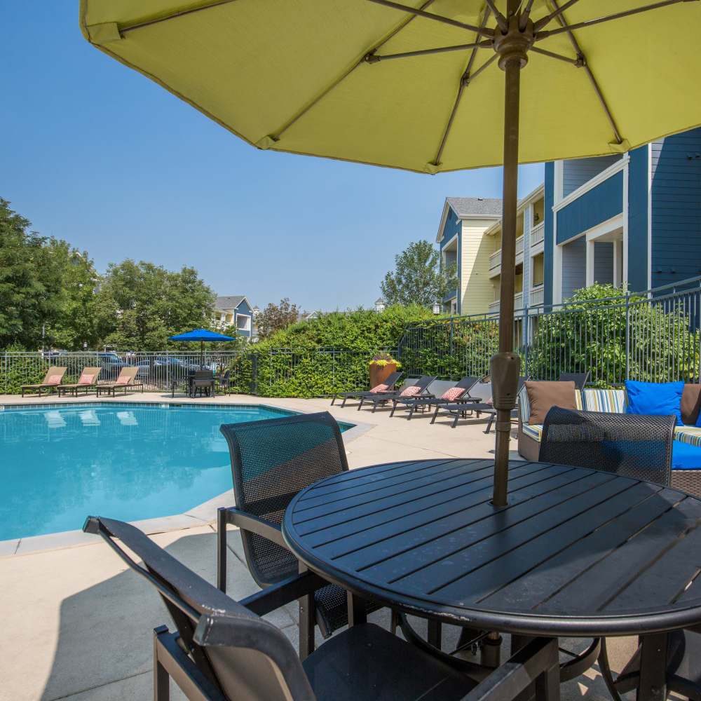 Swimming pool with canopy at One Belmar Place in Lakewood, Colorado