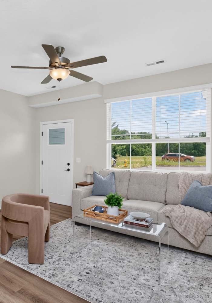 Modern dining room table in dining area of model unit  at Northpark Row in Huxley, Iowa