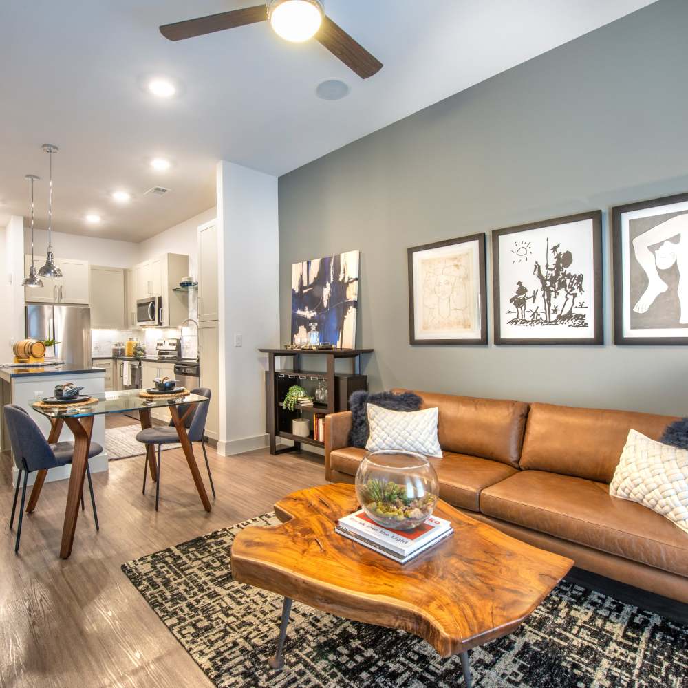 Open-concept of kitchen and living room at Howell Uptown in Dallas,Texas