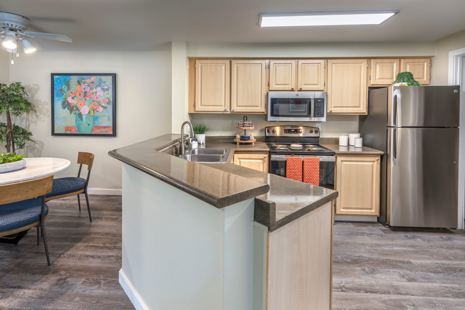 Updated kitchen at Redmond Place Apartments in Redmond, Washington