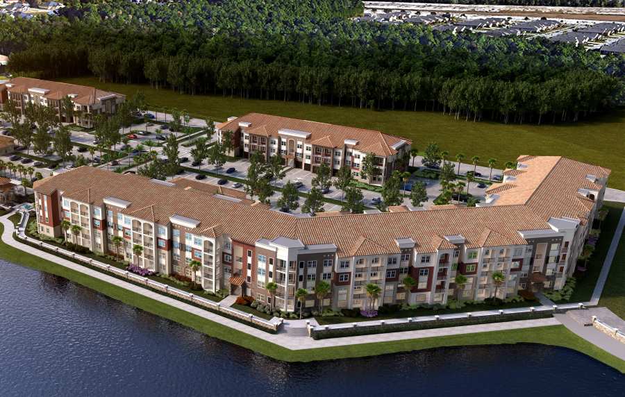 Modern waterfront apartments with lush greenery and scenic surroundings at Messina Luxury Apartments in New Smyrna Beach, Florida