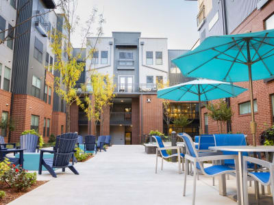 Outdoor firepits and patio seating at Steelyard in Oklahoma City, Oklahoma