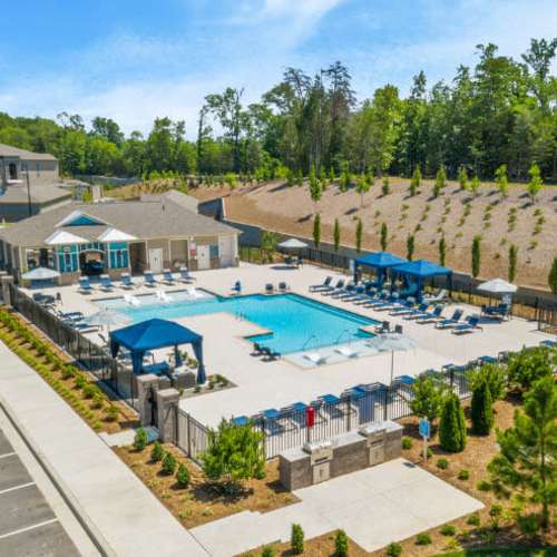 Exterior drone shot of community at Lodge at Lake Wylie in Lake Wylie, South Carolina