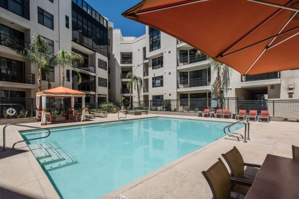 Lounge area out by the pool at Ten01 on the Lake in Tempe, Arizona