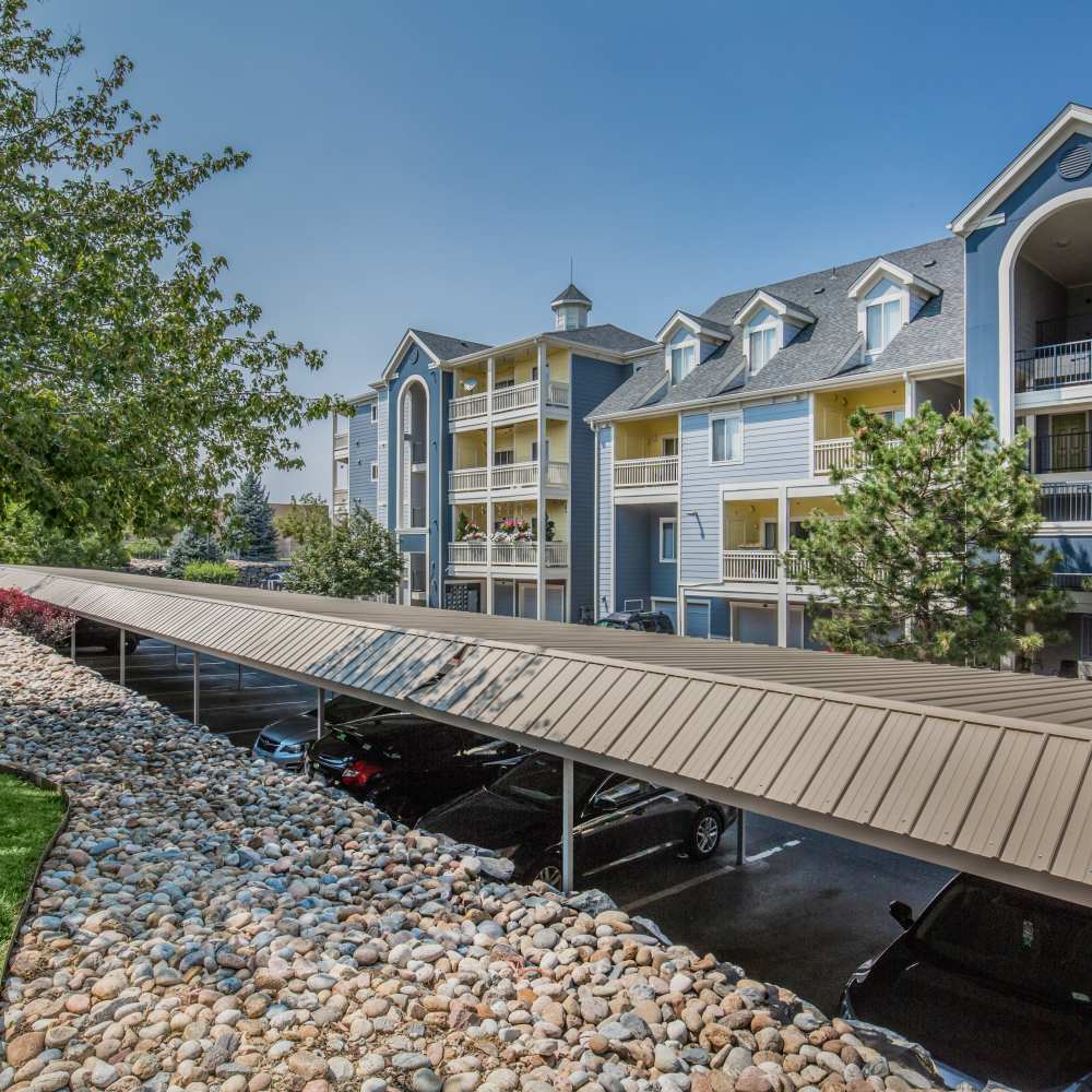 Community view with shed parking at One Belmar Place in Lakewood, Colorado