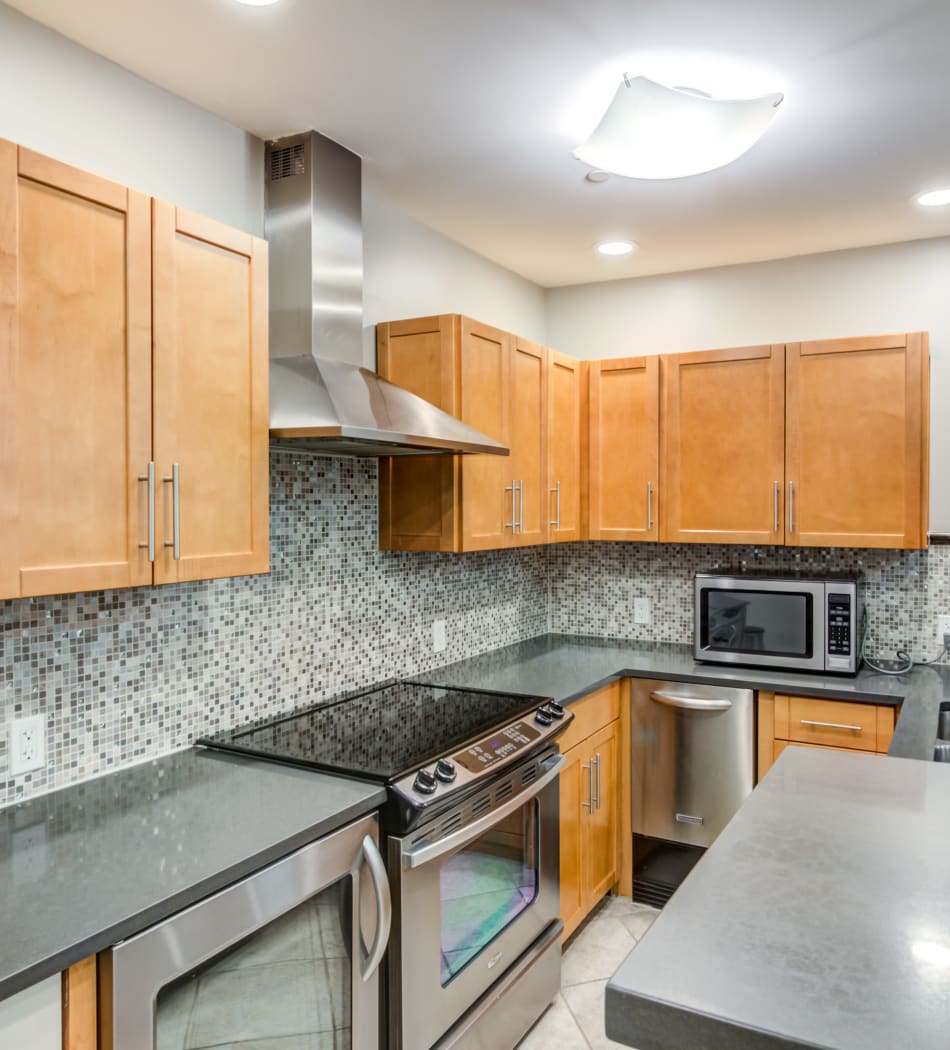 Large kitchen area in a model home at Sofi Parc Grove in Stamford, Connecticut