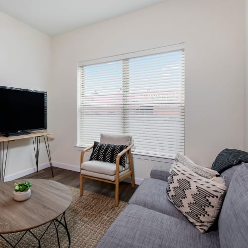 Living room with yellow accent wall at The Concord Northside in Richmond, Virginia