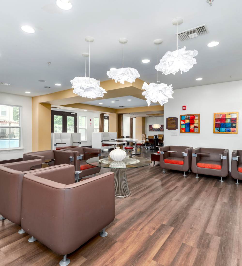 Clubhouse with lounge seating for students at  Mazza Grandmarc in College Park, Maryland