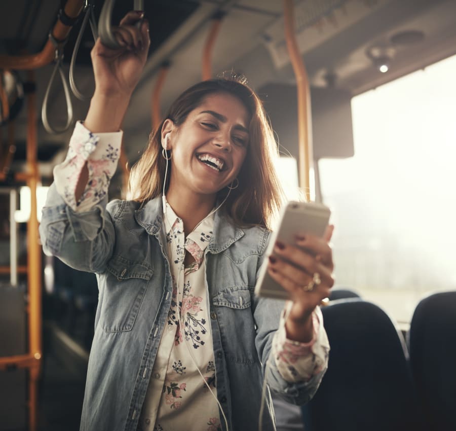 Resident student riding the bus to school from a transit stop very close to Verse Seattle in Seattle, Washington