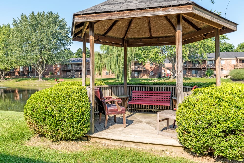 A pondside gazebo at Valle Vista in Greenwood, Indiana