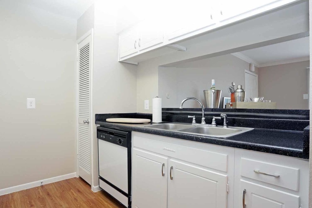 Sleek appliances in a model home's kitchen at Brittany Place Apartments in Houston, Texas