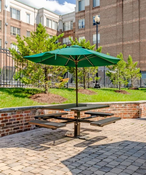 Tables for a picnic at Tribeca at Camp Springs in Camp Springs, Maryland