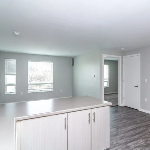 Kitchen and living area with wood style flooring at 30 Metro in Omaha, Nebraska