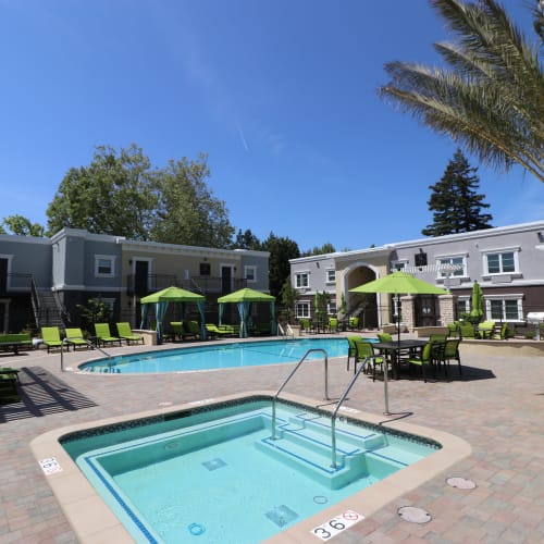 Resort-style pool and spa at Ramblewood Apartments in Fremont, California