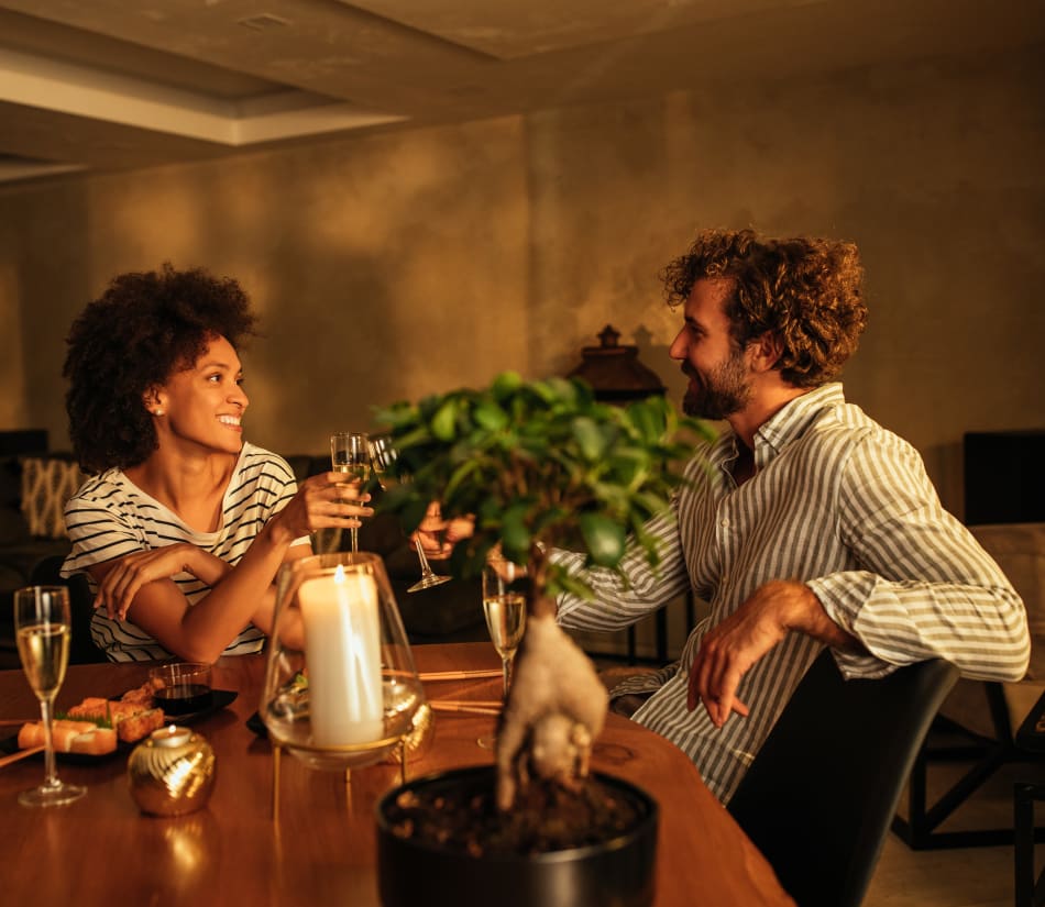 Resident couple out for a meal on date night near Sofi Danvers in Danvers, Massachusetts