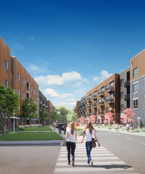 Residents crossing the street at Factory 52 in Cincinnati, Ohio